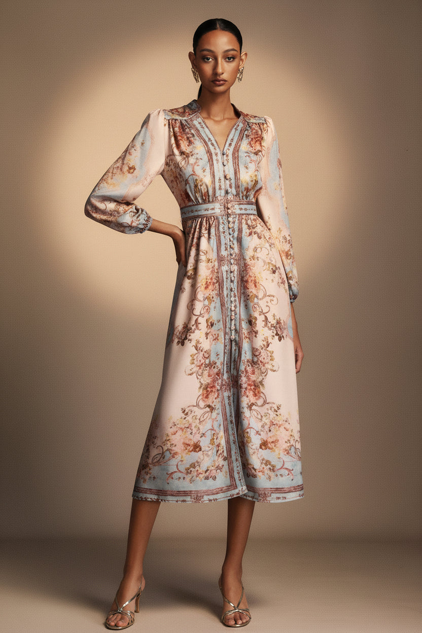 Vintage Floral Button-Front Midi Dress