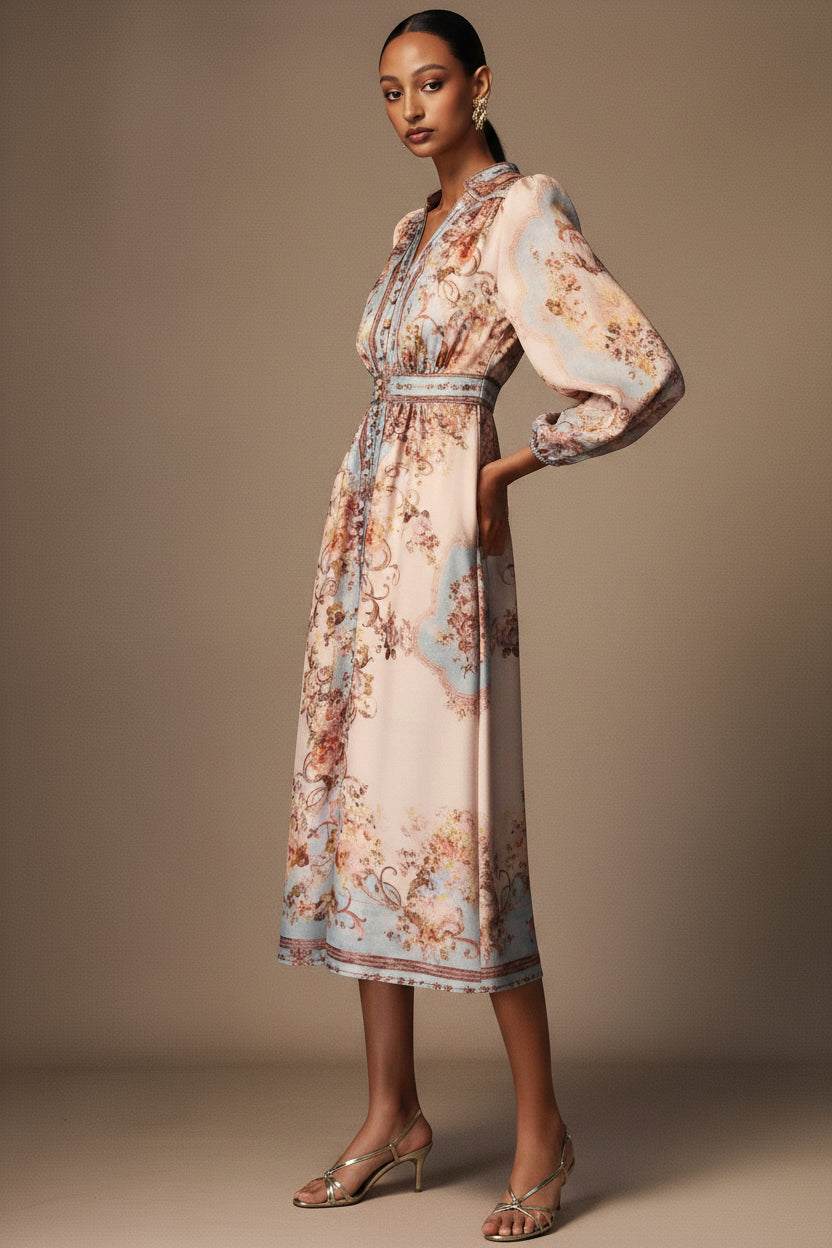 Vintage Floral Button-Front Midi Dress