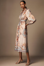 Vintage Floral Button-Front Midi Dress