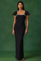 Avalon Black Crystal-Trim Square-Neck Maxi Dress