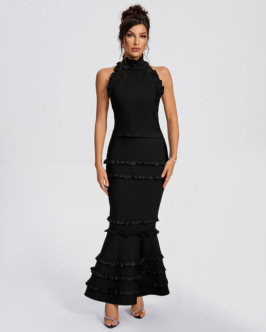 LLStyle Black Ruffled High-Neck Backless Dress