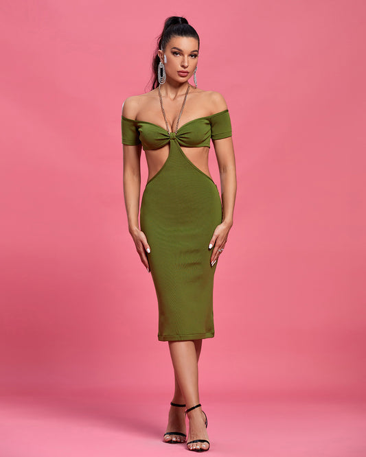 LLstyle Olive Cut-Out Off-Shoulder Midi Dress