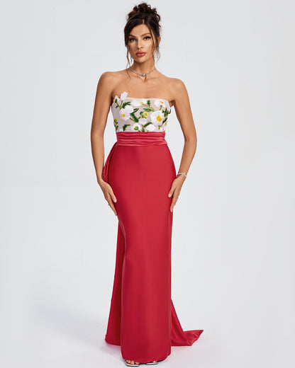 LLstyle Floral Embroidered Strapless Red Gown