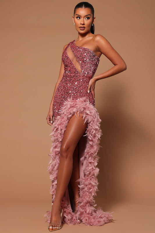Esme Sequin Feather Maxi Dress