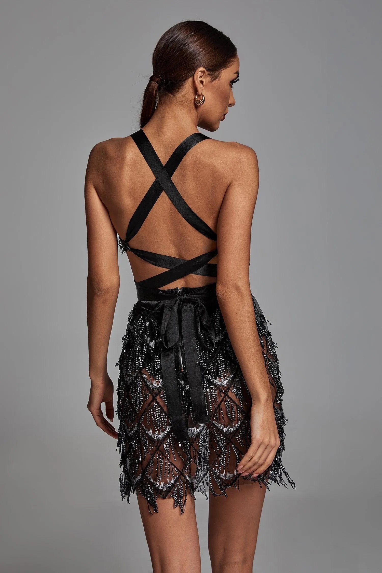 LLstyle Black Sequin Fringe Halter Mini Dress
