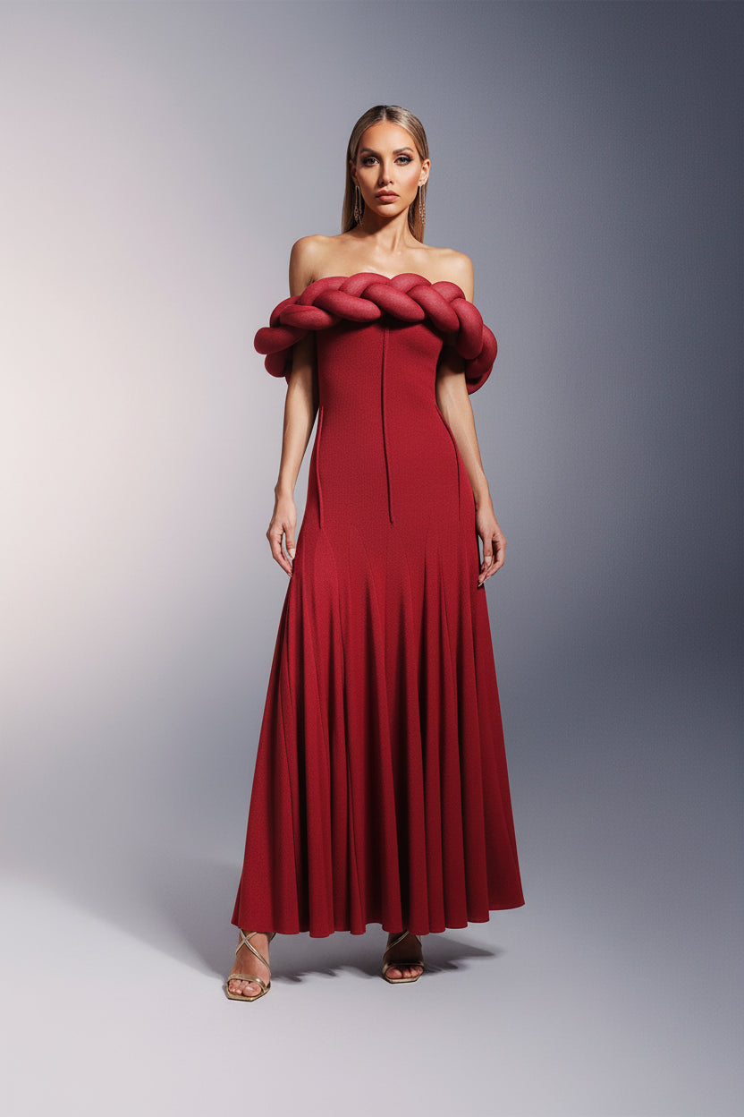 LLstyle Sculptural Crimson Off-Shoulder Gown