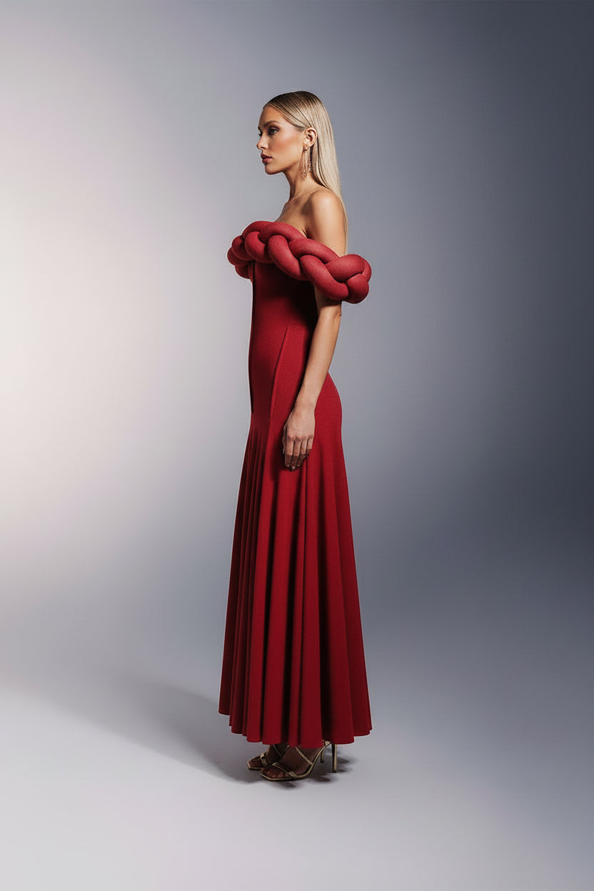 Jessie Sculptural Crimson Off-Shoulder Gown
