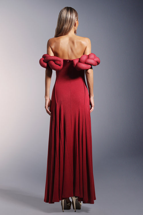 LLstyle Sculptural Crimson Off-Shoulder Gown