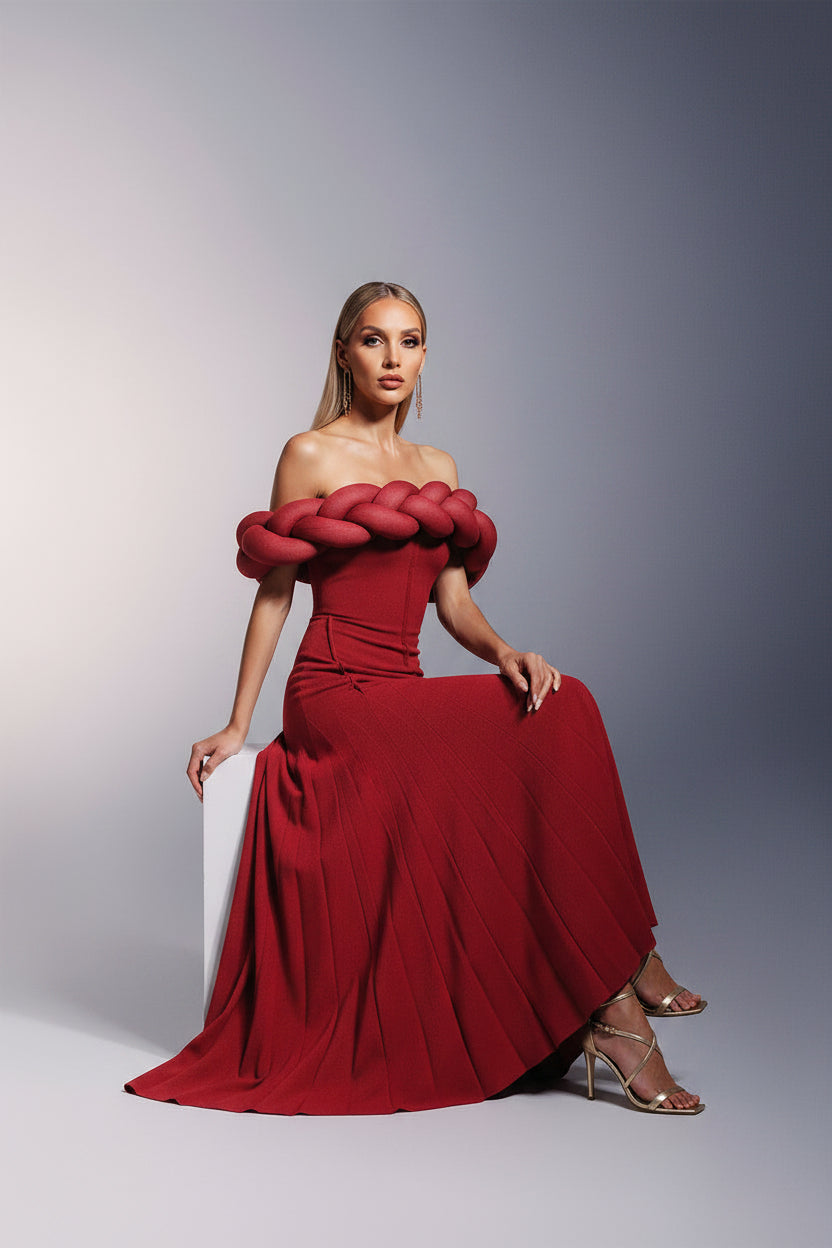 LLstyle Sculptural Crimson Off-Shoulder Gown