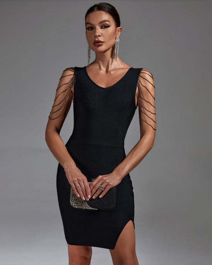 LLstyle Black Chain Shoulder Bodycon Dress