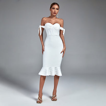 LLstyle White Off-Shoulder Sweetheart Midi Dress