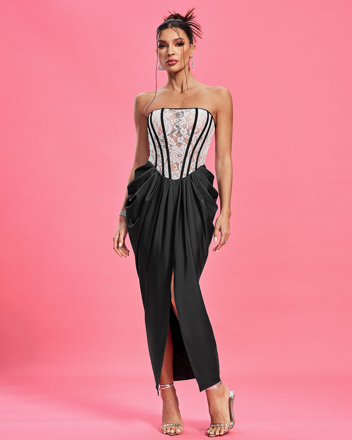 LLstyle Black & White Lace Corset Maxi Dress