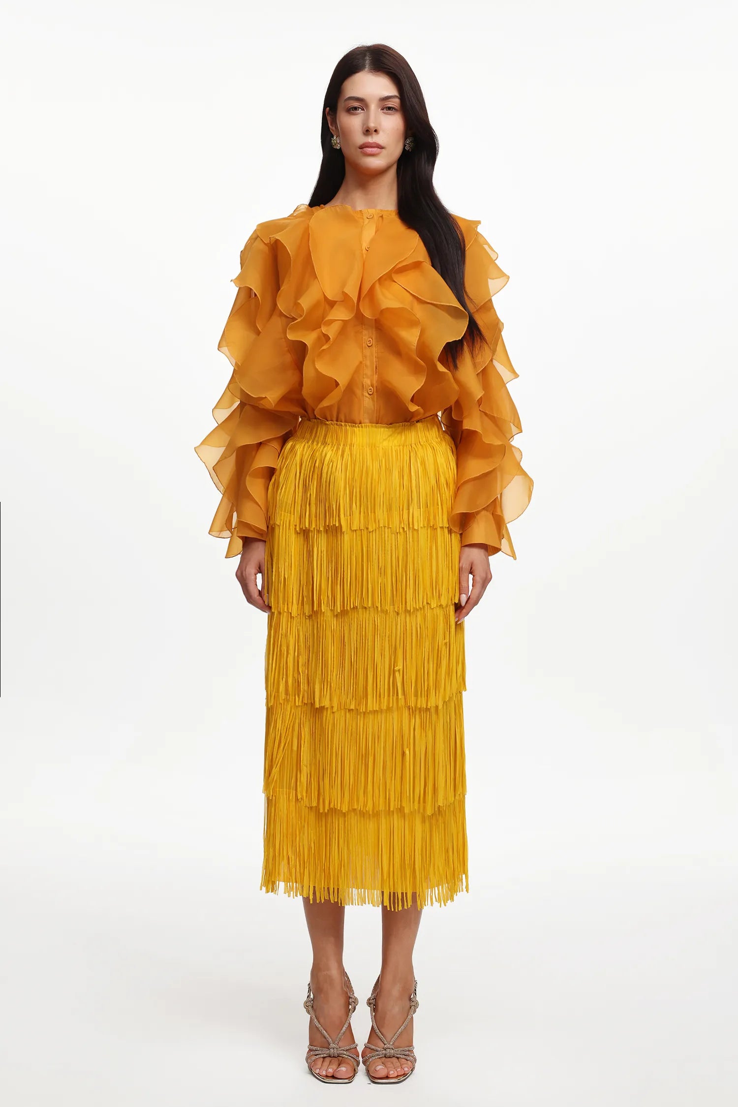 LLstyle Golden Ruffle Blouse & Fringe Maxi Skirt Set