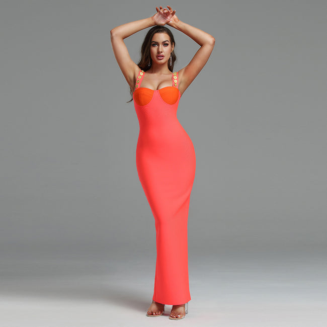 LLstyle Neon Coral Embellished Bustier Maxi Dress