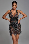 LLstyle Black Sequin Fringe Halter Mini Dress