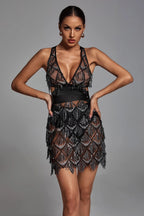 Freya Black Sequin Fringe Halter Mini Dress
