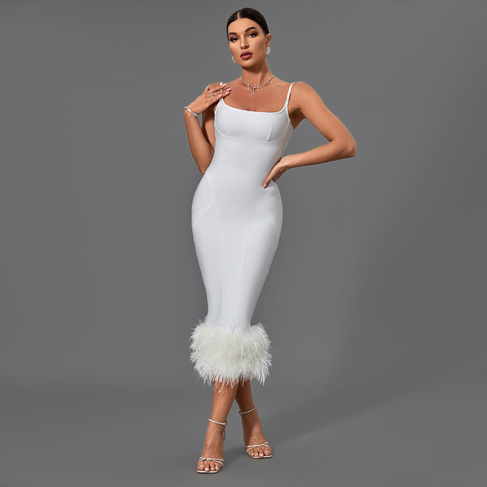 LLstyle White Feather-Hem Midi Dress