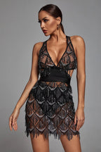 Freya Black Sequin Fringe Halter Mini Dress