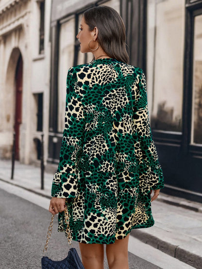 LLstyle Leopard Notched Long Sleeve Dress