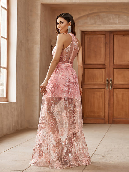 LLstyle Elegant Sleeveless Lace Overlay A-line Evening Dress
