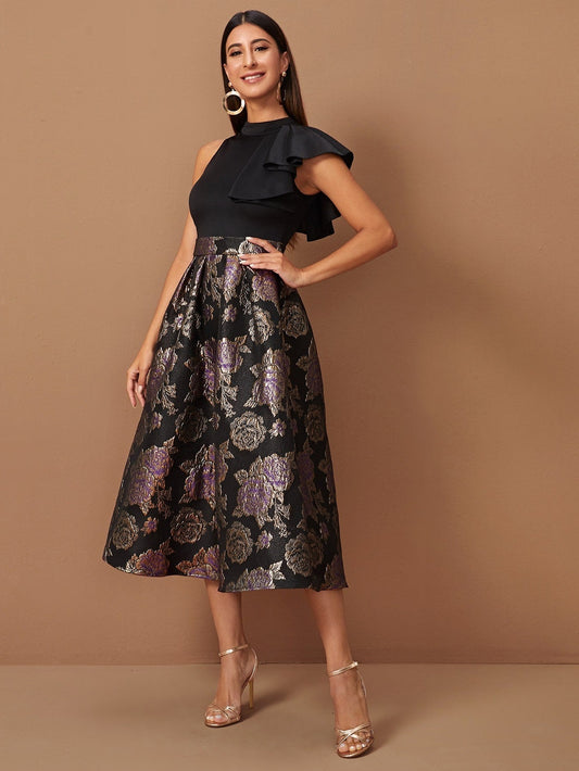 LLstyle Exaggerate Ruffle Trim Jacquard Combo Dress