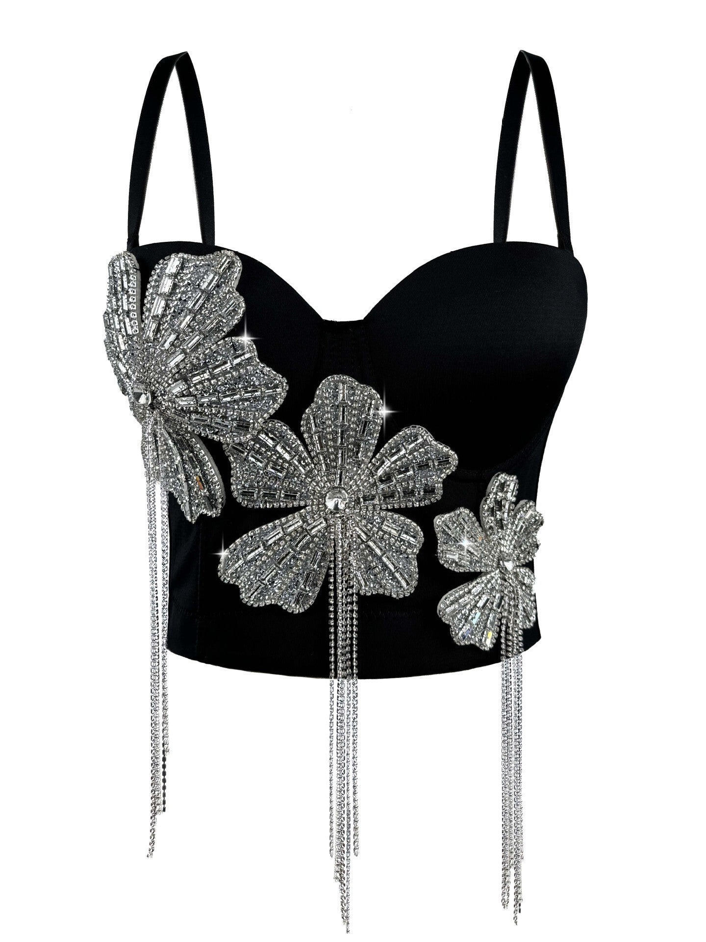 LLstyle Black Crystal Flower Embellished Bustier Top