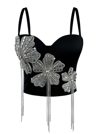 LLstyle Black Crystal Flower Embellished Bustier Top