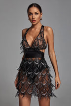 Freya Black Sequin Fringe Halter Mini Dress
