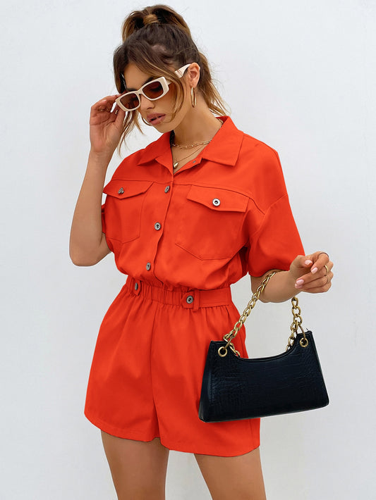 LLstyle Buttoned Front Pocket Patched Shirt Romper