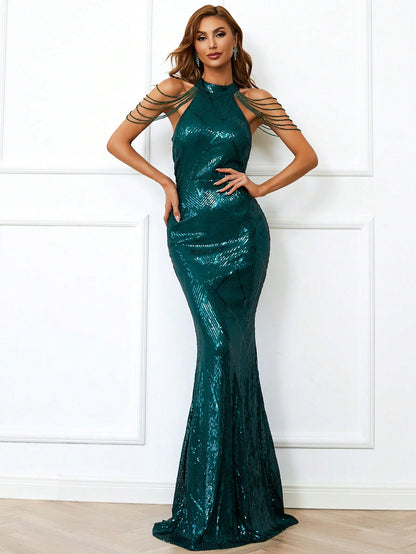 LLstyle Halter Neck Sequin Mermaid Prom Dress