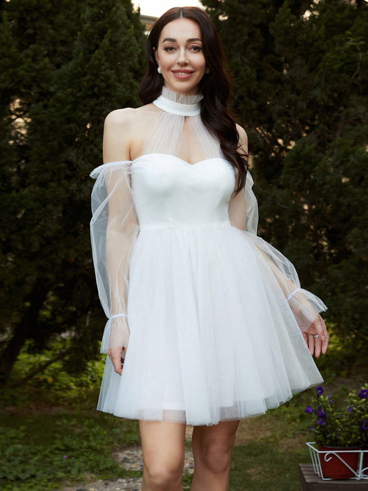 LLstyle Contrast Mesh Cold Shoulder Flounce Sleeve Dress