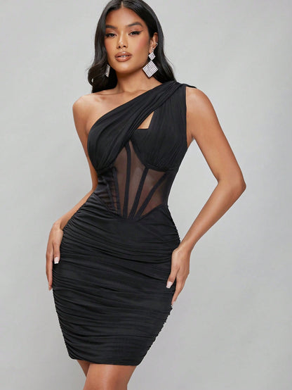 LLstyle Haute One Shoulder Ruched Mesh Panel Dress