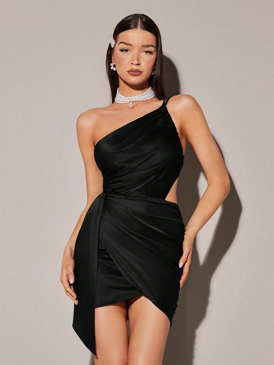 LLstyle One Shoulder Hollow Out Side Drape Detail Dress