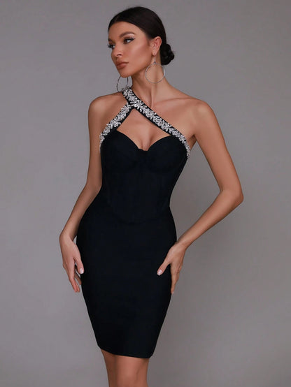 LLstyle Black Asymmetrical Neck Rhinestone Sexy Bandage Bodycon Party Dress