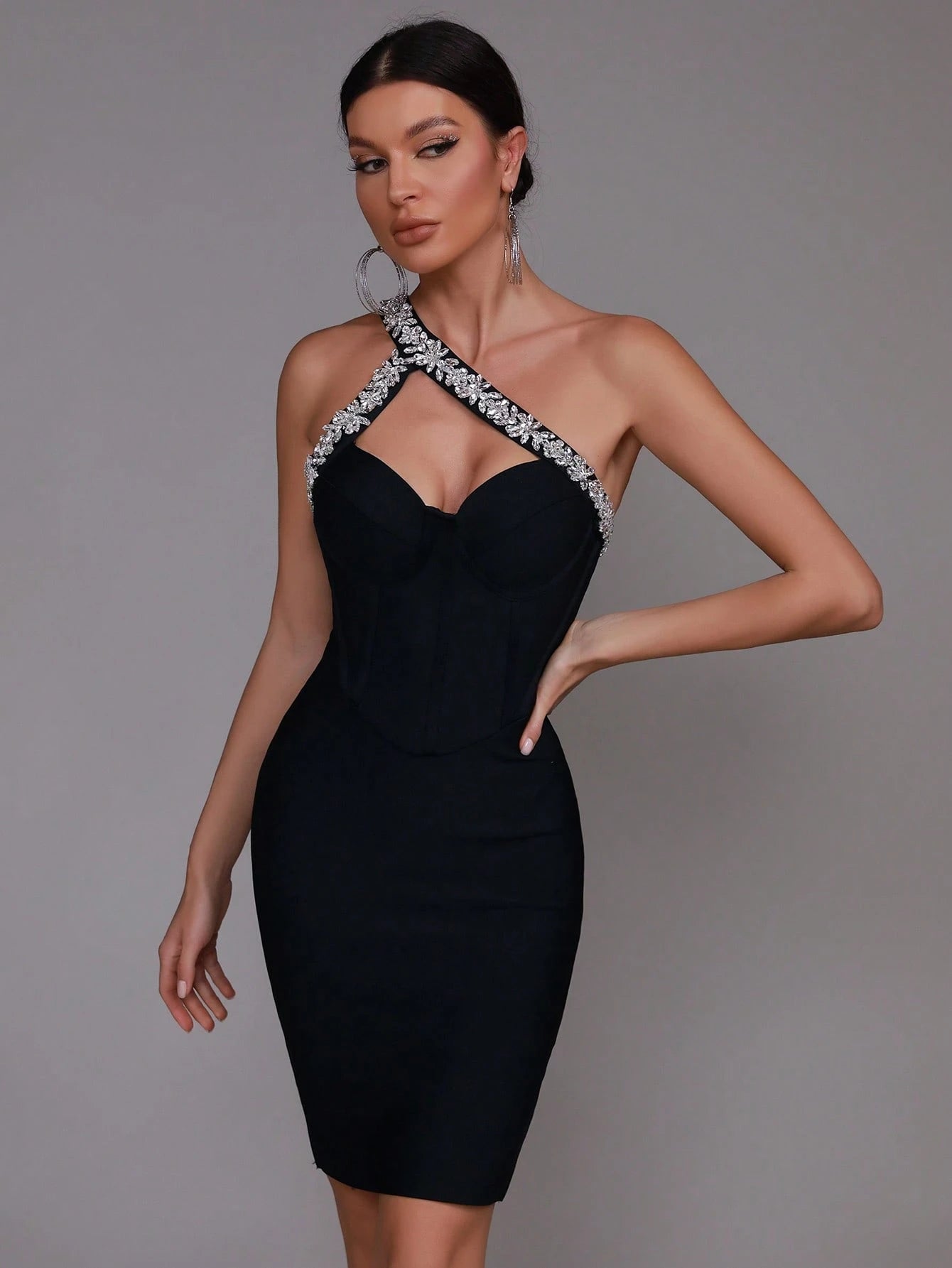 LLstyle Black Asymmetrical Neck Rhinestone Sexy Bandage Bodycon Party Dress