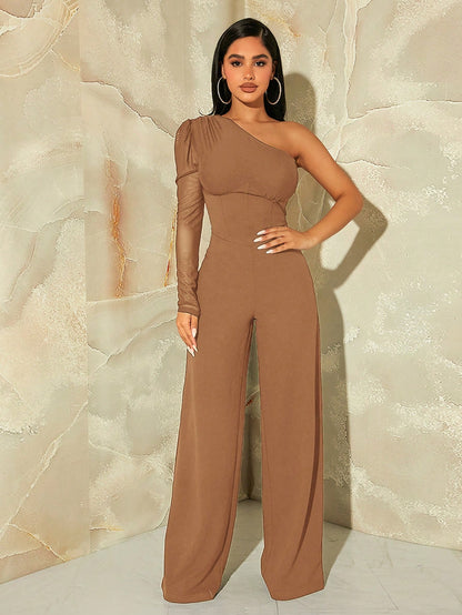 LLstyle One Shoulder Ruched Puff Sleeve Wide Leg Jumpsuit