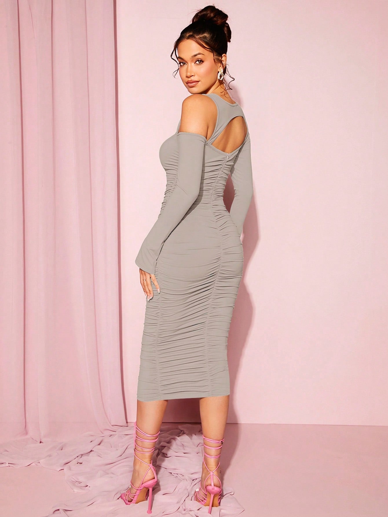 LLstyle Asymmetrical Neck Cut Out Ruched Bodycon Dress