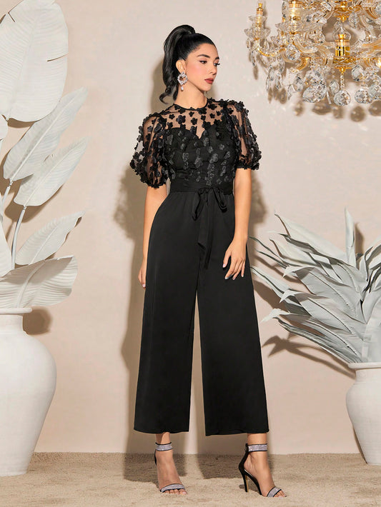 LLstyle Floral Applique Contrast Mesh Puff Sleeve Jumpsuit