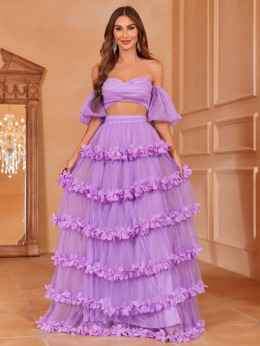 LLstyle Puff Sleeve Crop Top & Frill Trim Skirt