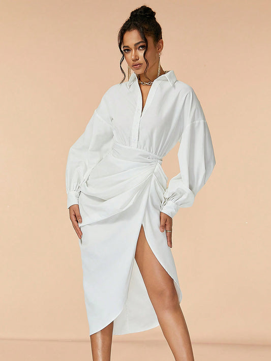 LLstyle Valentine Solid Drop Shoulder Ruched Shirt Dress