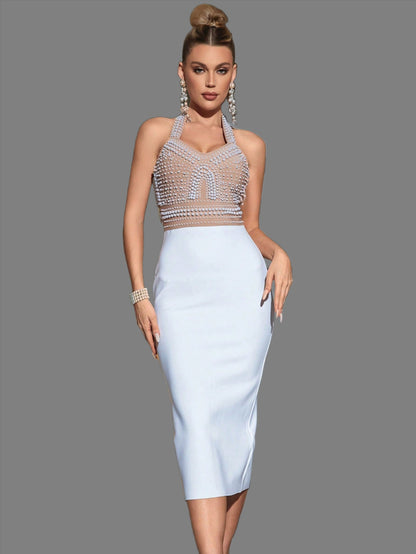 LLstyle Pearls Beaded Backless Halter Neck Bodycon Dress