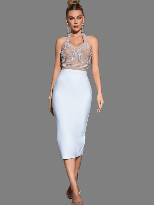LLstyle Pearls Beaded Backless Halter Neck Bodycon Dress