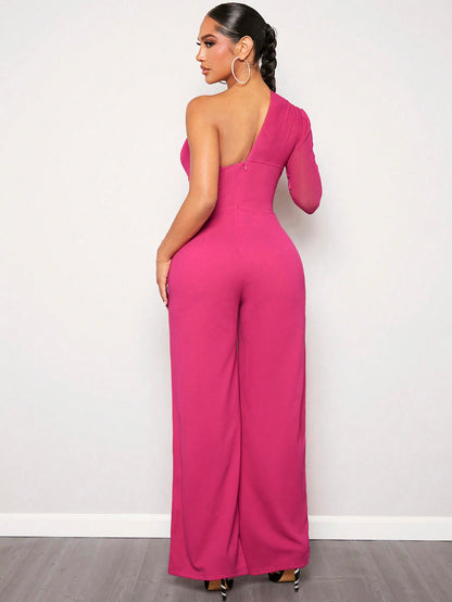 LLstyle One Shoulder Ruched Puff Sleeve Wide Leg Jumpsuit