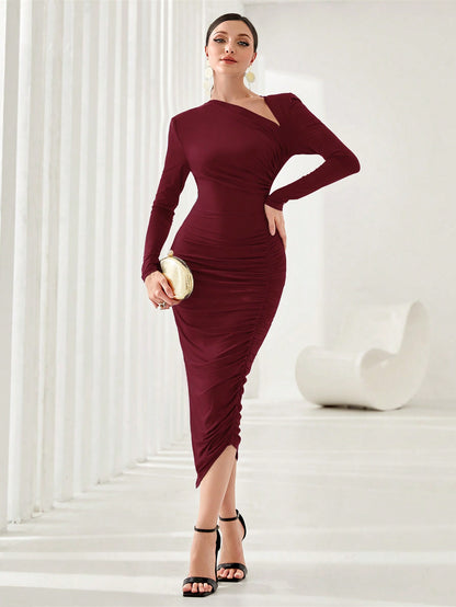 LLstyle Solid Asymmetrical Neck Ruched Bodycon Dress