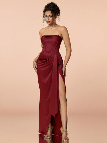 LLstyle Ruched Split Thigh Satin Tube Prom Dress