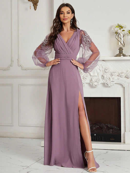 LLstyle Elegant Plain Color Contrast Mesh Embroidered Wrap Evening Dress