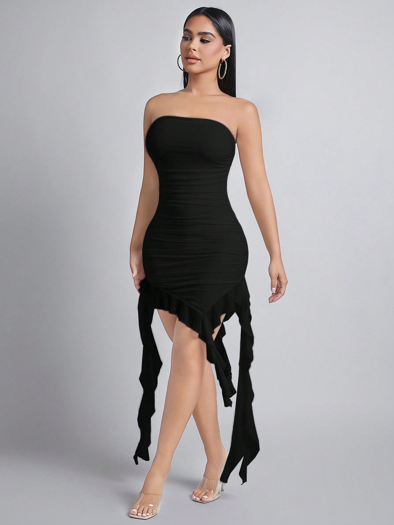 LLstyle Women's Asymmetric Hem Ruffle Bandeau Dress