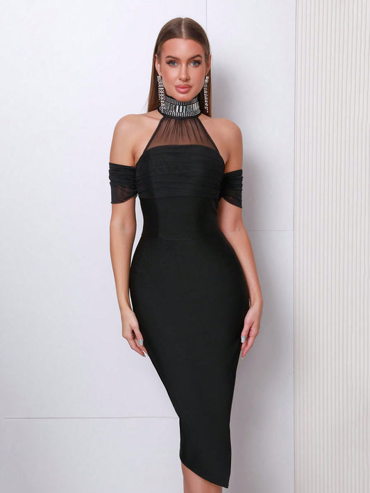 LLstyle High Slit Off Shoulder Dress With Stand Collar, Mesh