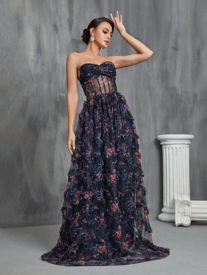 LLstyle Ruffle Trim Hem Floral Print Tube Dress