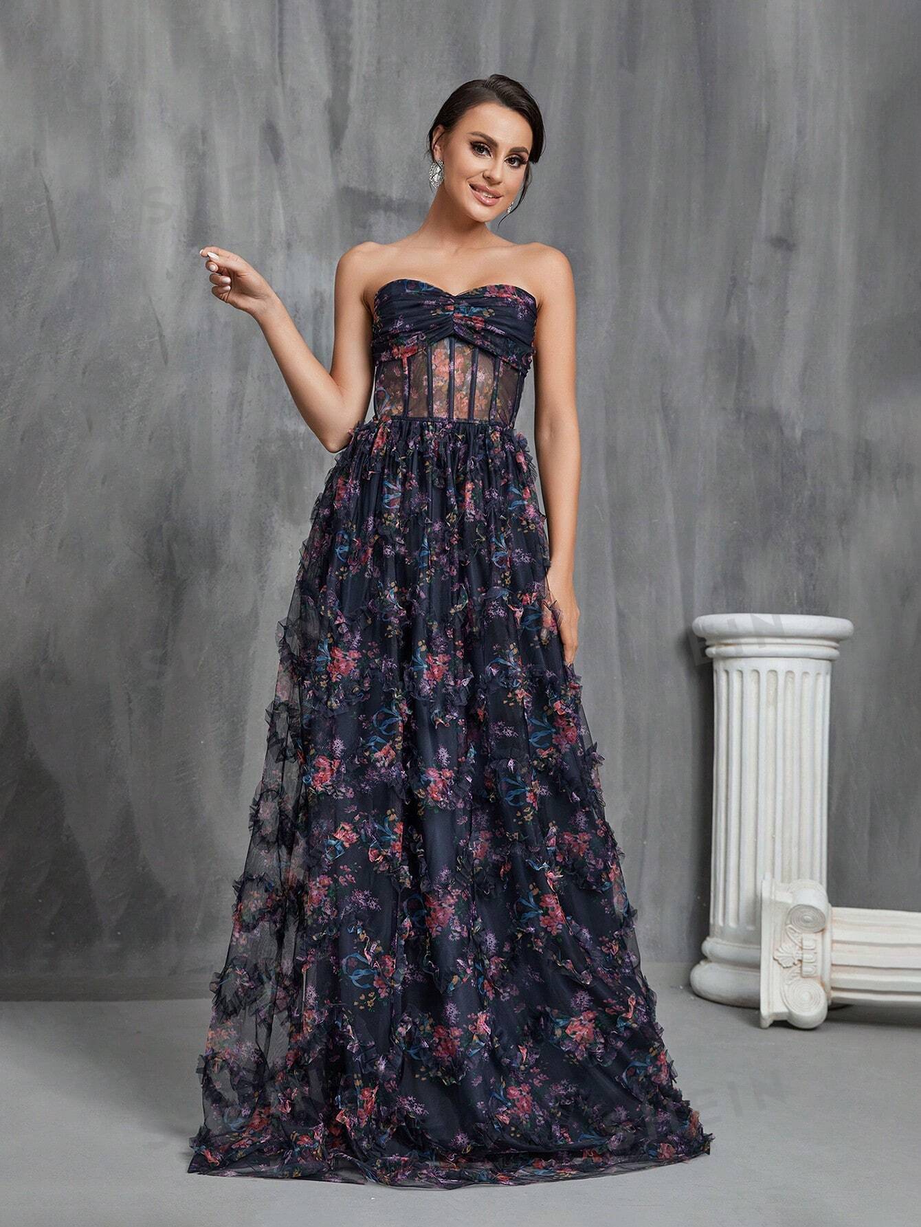 LLstyle Ruffle Trim Hem Floral Print Tube Dress